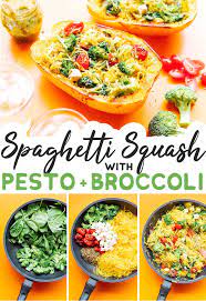 Easy Pesto Spaghetti Squash Bowls Recipe Vegetarian Recipes Dinner Healthy Healthy Vegetarian Dinner Vegetarian Italian Recipes