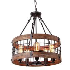 Farmhouse Wood Circular Chandelier Black Metal Cage 5 Light Exposed Bulbs Wooden Chandelier Circular Chandelier Wood And Metal Chandelier
