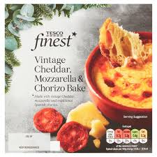 Cook chicken, chorizo and penne pasta together in a tasty tomato and basil sauce for a super easy weeknight meal that saves on washing up. Cooking Instructions Tesco Finest Cheddar Mozzarella Chorizo Bake 150g