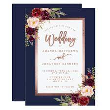Burgundy Floral Navy Blue Rose Gold Script Wedding Invitation Zazzle Com Script Wedding Invitations Wedding Invitations Wedding Invitations Rustic