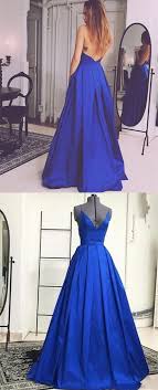 Modest Royal Blue V Neck Prom Dresses With Pockets Simple Criss Cross Straps Party Dresses With Plea Backless Evening Gowns Satin Prom Dress Prom Dresses Blue