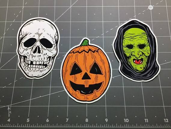 Halloween III 3 Season of the Witch Mask sticker decal set Skull Pumpkin masks 1980s horror film movie Silver Shamrock Novelties