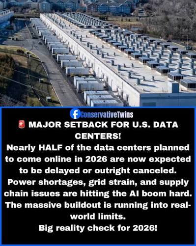 Nearly half of the data centers slated to open in the United States in 2026  are facing delays or outright cancellation, according to recent reporting.  Analysts point to severe shortages of critical