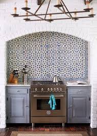 blue mosaic tile, brick kitchen