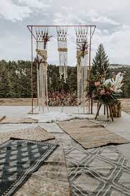 Bubbly Colorful Mountain Bridal Rish Bridal Macrame Arch With Copper Altar And Lar Boho Wedding Ceremony Wedding Alter Flowers Styled Wedding Shoot Table