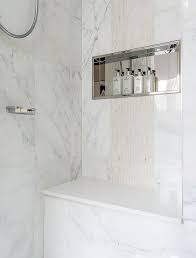 Marble Walk In Shower With Stainless Steel Shower Niche Transitional Bathroom Shower Cubicles Shower Niche Trendy Bathroom