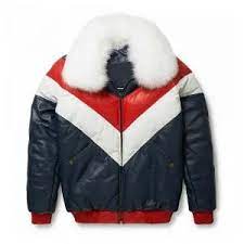 Mens Bubble V Bomber Sheepskin Leather Jacket With Fox Fur Collar Leather Jacket Bubble Jacket Men Fur Collars