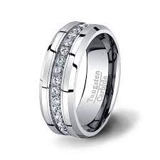 Mens Wedding Band Tungsten Rings Beveled Edge With Full Stacked Cz Diamond Around The Ring Mens Wedding Rings Black Tungsten Rings Wedding Rings