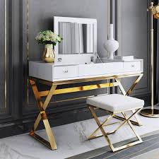 Modern 2 Drawer Wood Makeup Vanity Set With Mirror Stool X Base Stainless Steel In Gold In 2020 Wood Makeup Vanity Vanity Set With Mirror Makeup Vanity Set