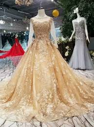 Champagne Gold Ball Gown Lace Long Sleeve Wedding Dress With Litter Train Long Sleeve Wedding Dress Lace Bridal Dresses Vintage Ball Gowns