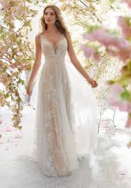 Sweet Yet Sophisticated This Slim A Line Wedding Dress Features Soft Tulle Draped Over Embroidered Ne A Line Wedding Dress Bridal Dresses Wedding Dress Styles