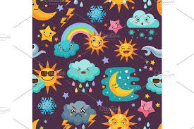 Various Funny Weather Icons Set Cartoon Seamless Pattern Funny Weather Weather Icons Icon Set