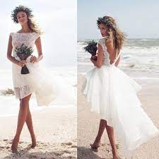 Discount Plus Size Lace A Line Wedding Dresses 2016 High Low Court Train Summer Beach Bridal Gowns Bateau Neck Sheer Buttons Back Off The Rack Wedding Dresses O Short Wedding Dress