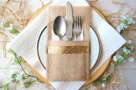 Rustic Burlap Silverware Holder Sparkly Gold Cutlery Pocket Etsy In 2020 Burlap Silverware Holder Table Setting Decor Silverware Holder