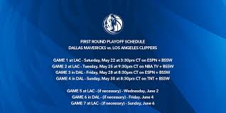 It is a rematch after. Mavs Pr On Twitter The Nba Has Announced The Schedule For The Dallas Mavericks First Round Playoff Series With The Los Angeles Clippers Ballysportssw Will Broadcast All First Round Games Not Shown