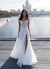 2019 New Capped Sleeves Lace Top Wedding Dresses Sheer Neck A Line Chiffon Summer Beach Side Split In 2020 Lace Top Wedding Lace Top Wedding Dress Split Wedding Dress