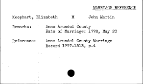 MARRIAGE REFERENCE Keephart, Elizabeth M John Martin Remarks: Anne Arundel  County Date of Marriage: 1778, May 23 Reference: Anne