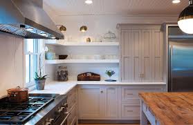 Floating kitchen shelves are a popular alternative when you choose to use your upper enclosed cabinets. Gray Kitchen Cabinets With Floating White Shelves Transitional Kitchen Farrow And Ball Dove Tale