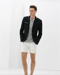 Black And White Striped Shorts Outfit Men Black Blazer With White Details Worn Over Striped White And Black Shirt And White Shorts Garden Party A Mens Shorts Outfits Mens Summer Outfits Mens Outfits