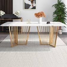 Contemporary 63 Rectangular Faux Marble Dining Table Gold Base Stainless Steel Dining Table Marble Marble Dining Dining Table Gold