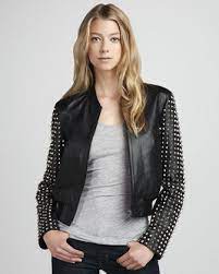 French Connection Stud Sleeve Leather Jacket Leather Jackets Women Leather Jacket Fashion