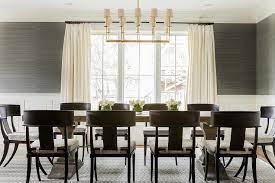 Blue and gray dining room with blue sideboard cabinet. Dining Room With Grasscloth And Wainscoting Transitional Dining Room
