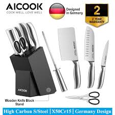 Available in 3 block finishes. Aicook Kfh001 German High Carbon Stainless Steel X50cr15 Premium 6in1 Kitchen Knife Set With Wooden Knife Block Stand Shopee Malaysia