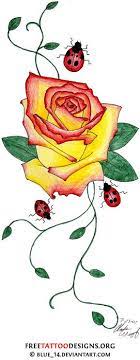Left back shoulder grey ink flower and ladybug tattoo. Rose With Vine And Ladybugs Tattoo Yellow Rose Tattoos Lady Bug Tattoo Rose Tattoo Meaning