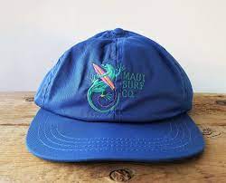 Vintage Maui Surf Co Strapback Hat Crazy Shirts Hawaii Baseball Cap Gecko Lizard Surfing Retro Souvenir Embroidered Hawaiian Blue Ballcap Strapback Hats Weird Shirts Blue Hawaiian