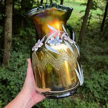 Check spelling or type a new query. Antique Fenton Green Enameled Columbine Zig Zag Carnival Glass Water Pitcher Carnival Glass