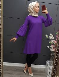 Balon Kol Inci Detayli Triko Tunik Mor Moda Stilleri Giyim Triko