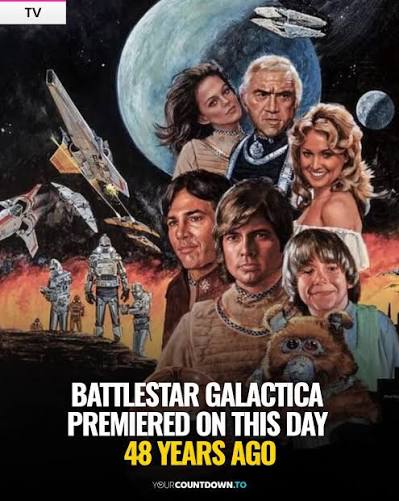 🚀 Battlestar Galactica launched on Sept. 17, 1978! 🌌 The sci-fi epic  followed the last human survivors fleeing the Cylons aboard a “ragtag  fleet.” Fun fact: its premiere was one of the