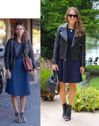 Navy bridesmaid dress paired with black leather jacket and ankle boots for edgy look