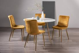 Infuse opulence with marble dining tables. Gallery Collection Francesca White Marble Effect Tempered Glass 4 Seater Dining Table 4 Rothko Mustard Velvet Fabric Chairs With Matt Gold Plated Legs Dining Sets Bentley Designs