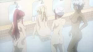 arnett mcmillian, cleo brand, ingrid bernstein, satellizer el bridget,  freezing (series), shower, animated, anime screenshot, highres, sound,  video, 4girls, ass, barefoot, bath, bath stool, bathroom, blonde hair,  breasts, closed eyes, completely nude,