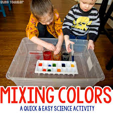 Coloring pages, worksheets, flash cards suitable for toddlers, preschool and kindergarten to help children recognize colors and color mixing. Mixing Colors Toddler Science Experiment Busy Toddler