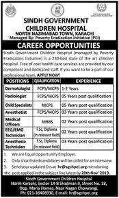 Sindh Govt Children Hospital Karachi Jobs For Dermatologist Radiologist And Others October 2019 Medical Jobs Children Hospital Graduate Jobs