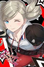 zer00han, takamaki anne, persona, persona 5, commentary request, highres,  1girl, ;), black jacket, black skirt, blue eyes, breasts, brown footwear,  cleavage, closed mouth, collarbone, drawstring, grey hair, hair ornament,  hairclip, happy birthday,