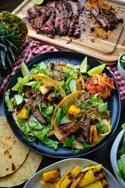 Korean Grilled Steak Tacos With Pineapple Gochujang Salsa Recipe Beef Recipes Bbq Recipes Asian Recipes