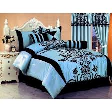 Black And Blue Comforter Amazon Com 7 Pc Modern Black Blue Flock Satin Comforter Set Bed In A Bag Full Size Bedding Bedding Bath Comforter Sets Bedding Sets Home