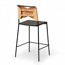 Torso Bar Stool Black Wood Seat Natural Leather Backrest Black Steel Base Bar Stools Steel Bar Stools Stool
