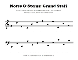 Start at the top of the line and draw a curve down to the fourth line of the staff. Notes Stems Worksheet Pianimation Com Music Theory Worksheets Music Worksheets Piano Worksheets