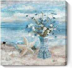 Jetec 4 pieces nautical wall decor anchor ship wheel sailboat lighthouse wooden sign rustic beach 3d wood print sign beach bathroom wooden plaque decor ocean coastal theme ocean decor (classic style) 4.4 out of 5 stars. Buy Bathroom Decor Wall Art Blue Beach Picture Ocean Theme Flower Canvas Print Modern Coastal Seascape Painting Framed Seaside Artwork Floral Daisy In Indian Vase For Home Sea Lake Bedroom 14x14inch Online