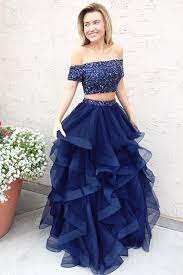 Navy Blue Two Piece A Line Floor Length Off Shoulder Ruffles Long Prom Dress Party Dress Part Prom Dresses For Teens Prom Dresses Two Piece Cute Prom Dresses