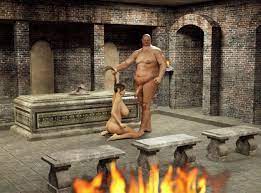 Naked monsters getting ready to fuck a hot busty girl