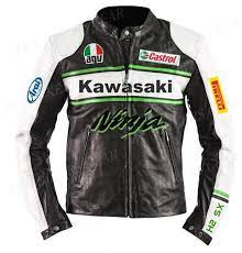 Black White Green Kawasaki Ninja Leather Jacket Castrol Motocard Racing Motorcycle Genuine Leather Genuine Leather Jackets Kawasaki Ninja Leather Jacket