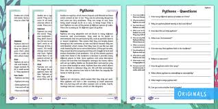 Free printable reading comprehension worksheets for grade 1 to grade 5. Free Year 2 Pythons Reading Comprehension Activity
