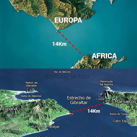La distancia más corta entre África y Europa se encuentra en el Estrecho de  Gibraltar, donde ambos continentes están separados por apenas 14 kilómetros  en su punto más estrecho. Este tramo conecta