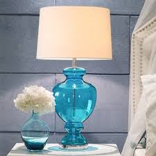Single Bulb Table Lamp Retro Urn Blue Glass Nightstand Light With Drum Lamp Shade Beautifulhalo Com