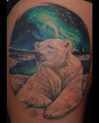 Nice outline polar bear with lettering tattoo. Colorful Polar Bear With Northern Lights Tattoo On Shoulder Tattooimages Biz
